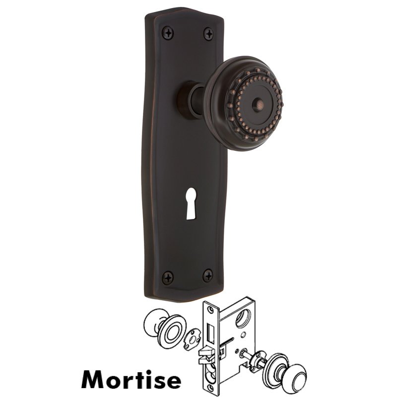 Complete Mortise Lockset with Keyhole - Prairie Plate with Meadows Door Knob in Timeless Bronze