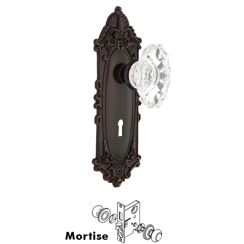 Complete Mortise Lockset with Keyhole - Victorian Plate with Chateau Door Knob in Timeless Bronze