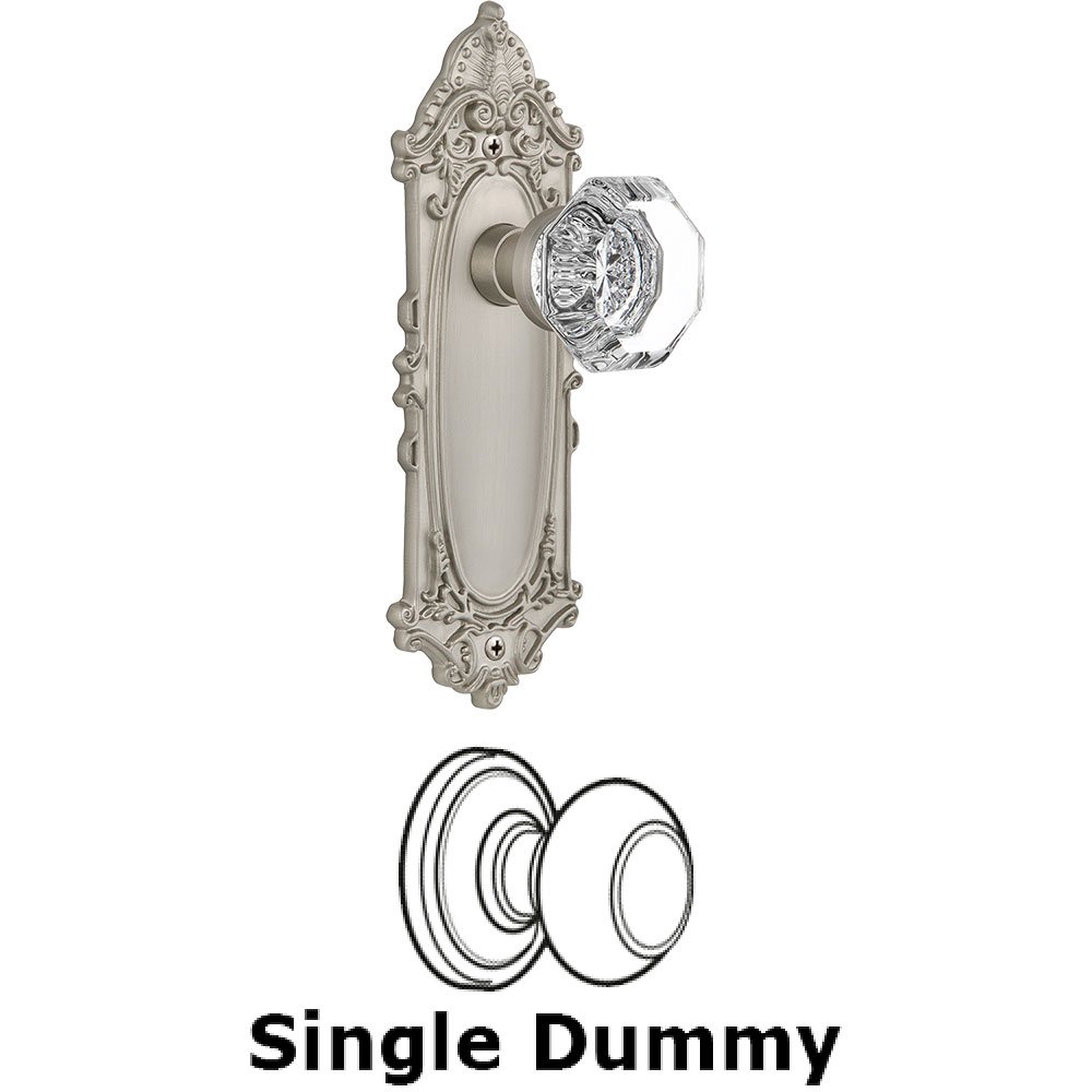 Single Dummy Knob - Victorian Plate with Waldorf Crystal Door Knob in Satin Nickel