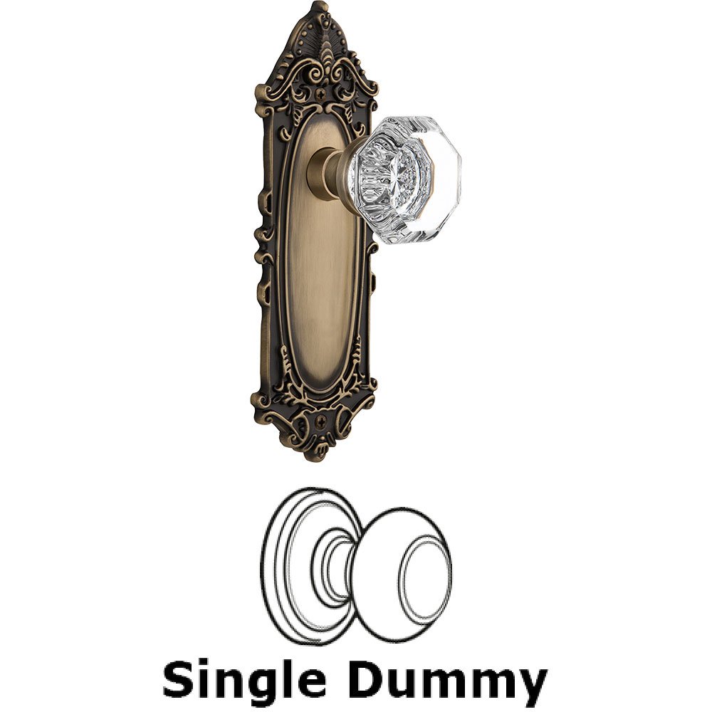 Single Dummy Knob - Victorian Plate with Waldorf Crystal Door Knob in Antique Brass