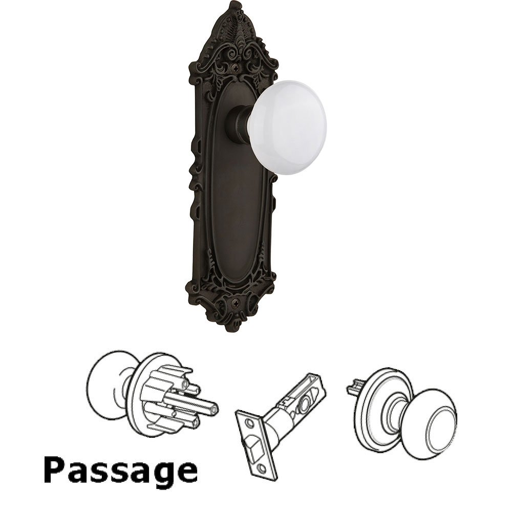 Passage Victorian Plate with White Porcelain Door Knob in Oil-Rubbed Bronze