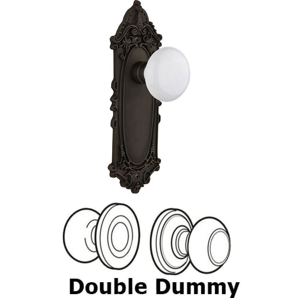 Double Dummy Knob - Victorian Plate with White Porcelain Door Knob in Oil Rubbed Bronze