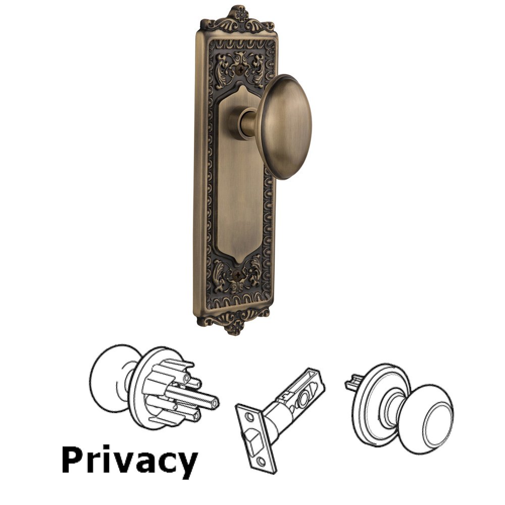 Complete Privacy Set Without Keyhole - Egg & Dart Plate with Homestead Knob in Antique Brass