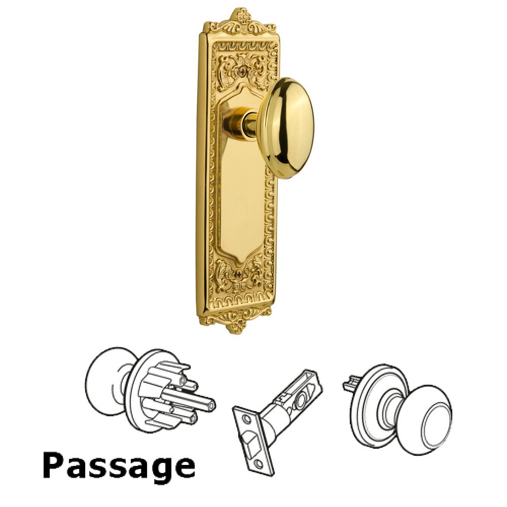 Complete Passage Set Without Keyhole - Egg & Dart Plate with Homestead Knob in Polished Brass