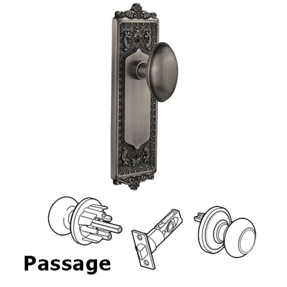 Complete Passage Set Without Keyhole - Egg & Dart Plate with Homestead Knob in Antique Pewter
