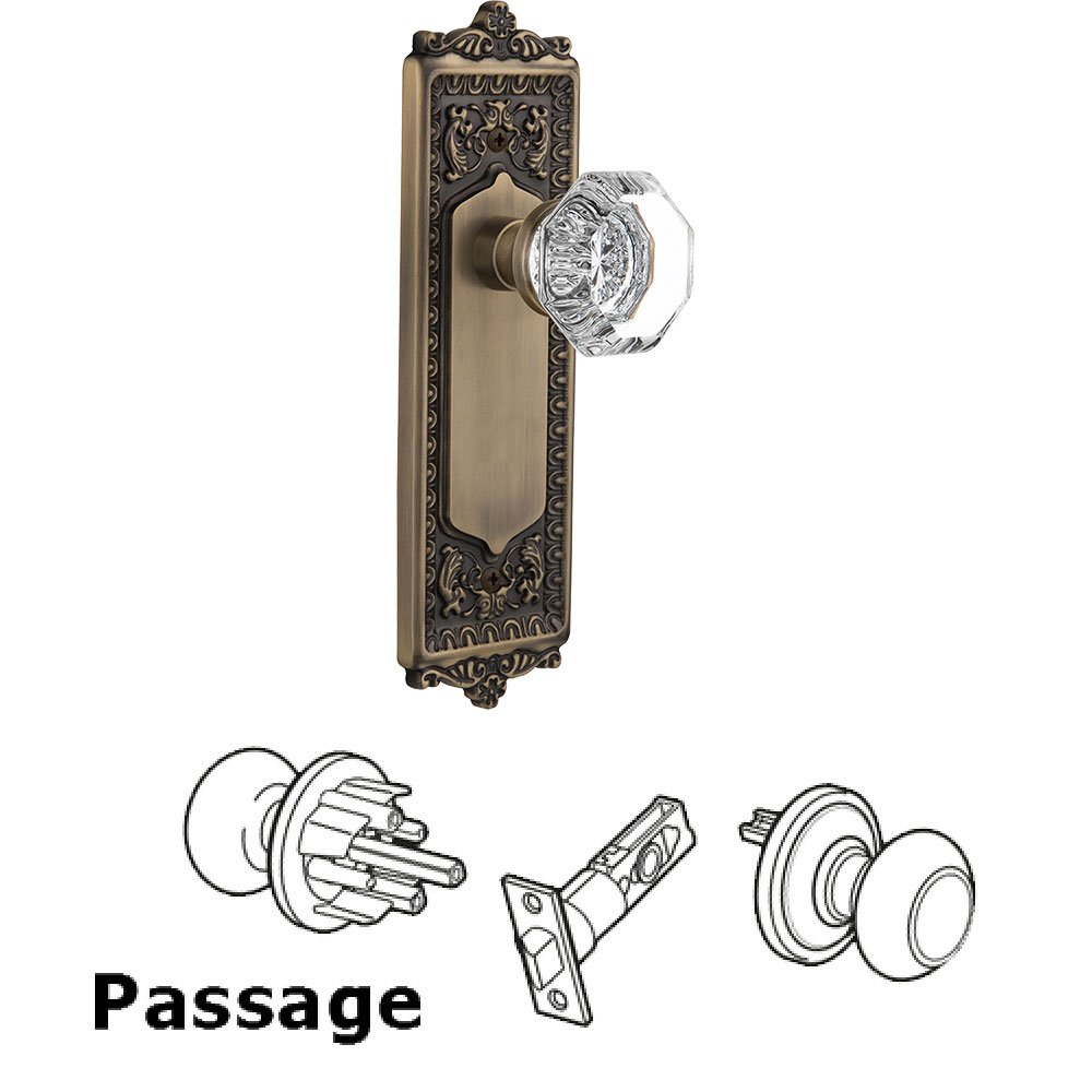 Passage Knob - Egg & Dart Plate with Waldorf Crystal Door Knob in Antique Brass