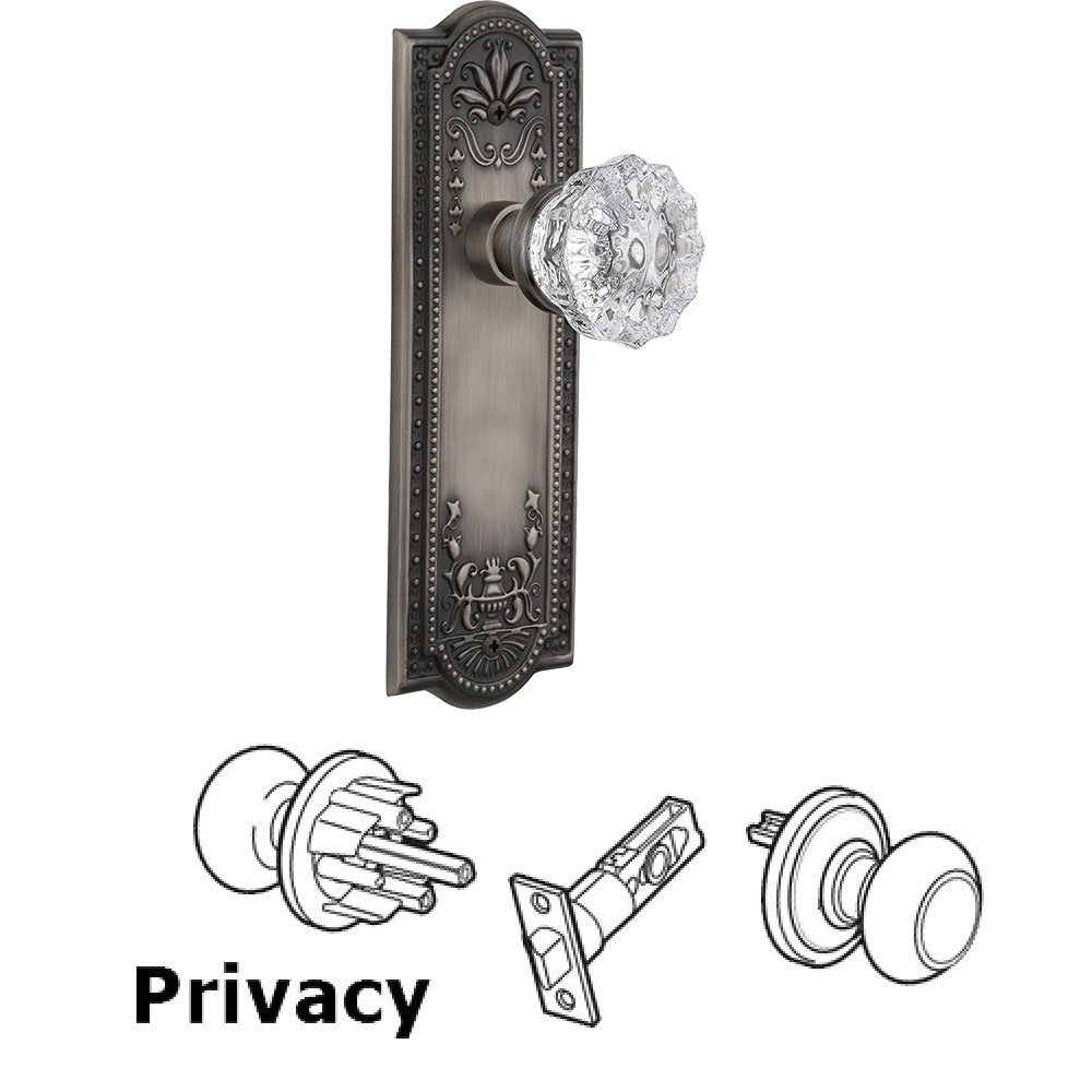 Privacy Knob - Meadows Plate with Crystal Door Knob in Antique Pewter
