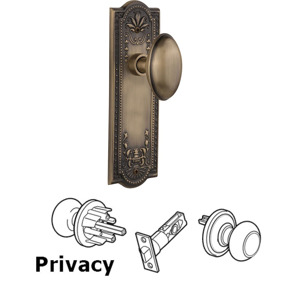 Privacy Knob - Meadows Plate with Homestead Door Knob in Antique Brass