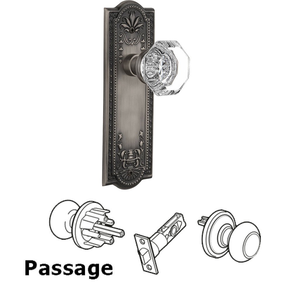 Passage Knob - Meadows Plate with Waldorf Crystal Door Knob in Antique Pewter