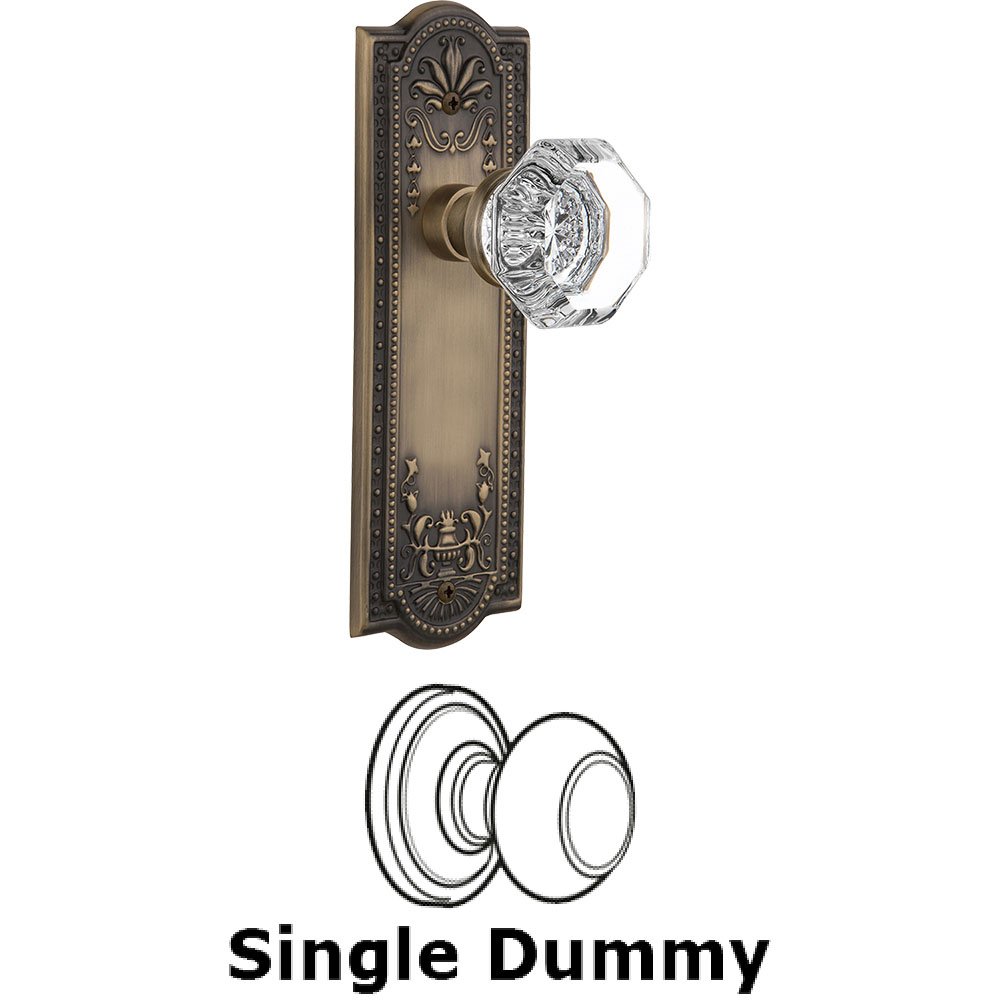 Single Dummy Knob - Meadows Plate with Waldorf Crystal Door Knob in Antique Brass