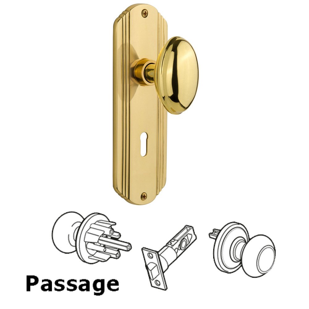 Complete Passage Set With Keyhole - Deco Plate with Homestead Knob in Polished Brass