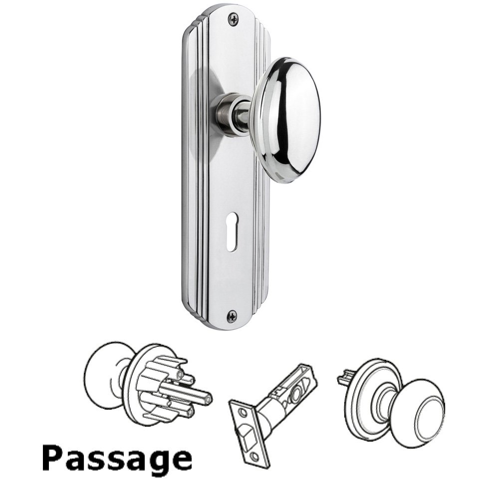 Passage Deco Plate with Keyhole and Homestead Door Knob in Bright Chrome