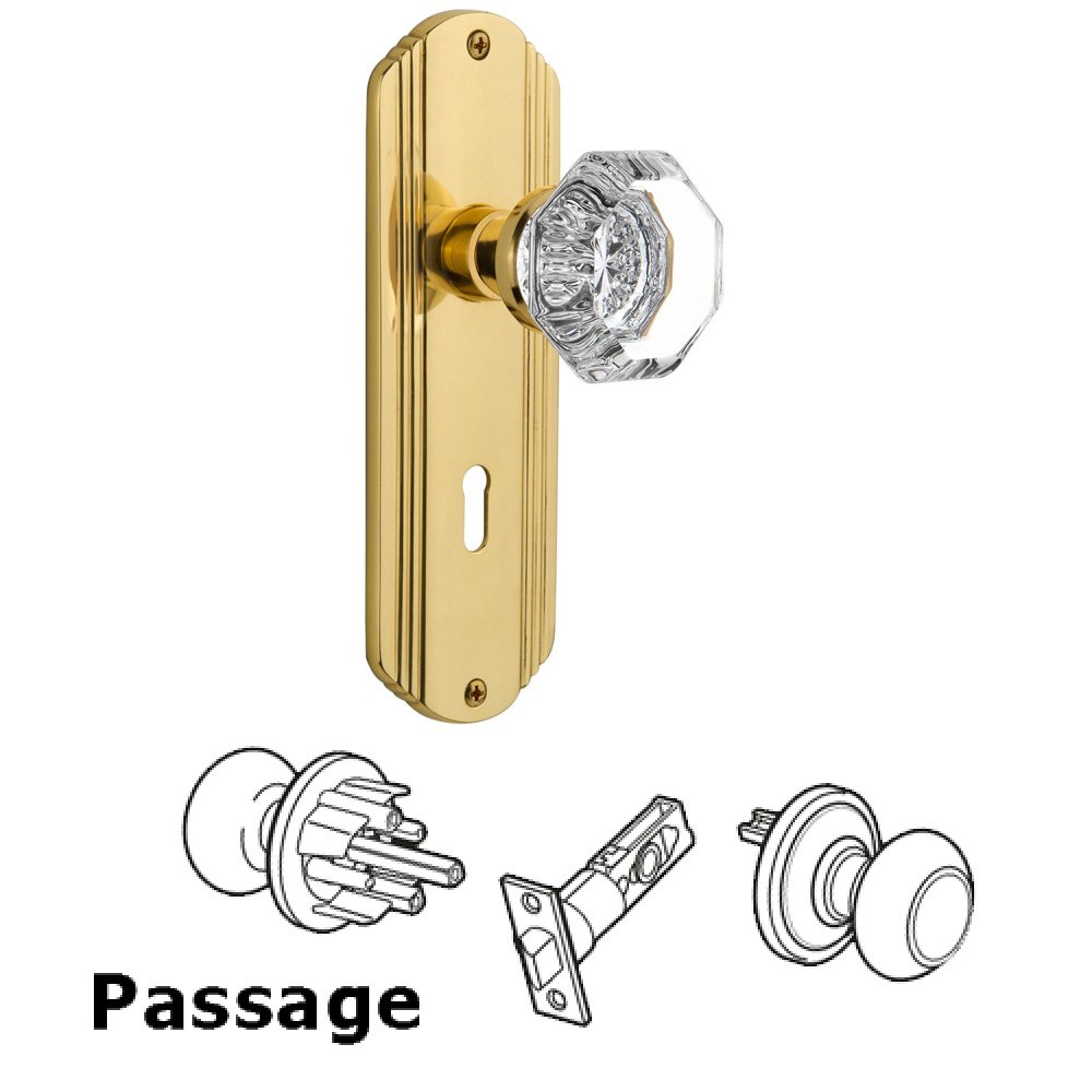 Complete Passage Set With Keyhole - Deco Plate with Waldorf Knob in Polished Brass