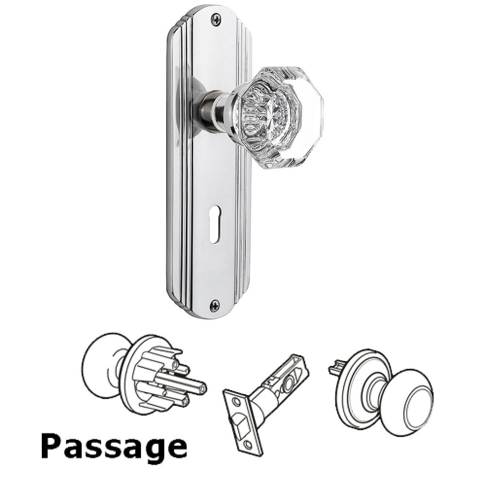 Passage Deco Plate with Keyhole and Waldorf Door Knob in Bright Chrome