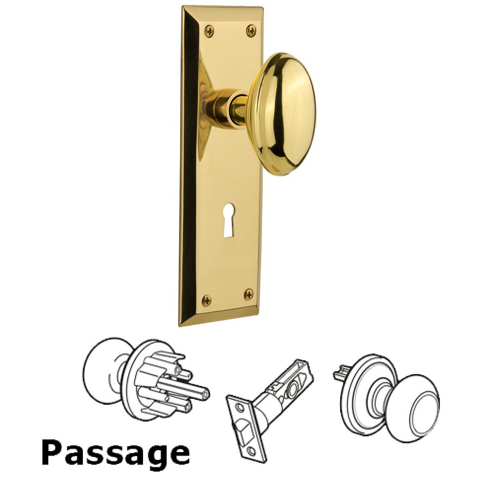 Passage New York Plate with Keyhole and Homestead Door Knob in Polished Brass