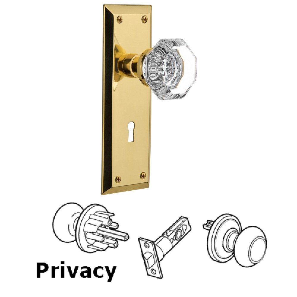 Privacy New York Plate with Keyhole and Waldorf Door Knob in Polished Brass