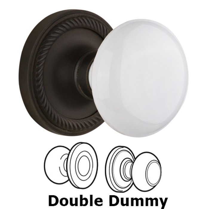 Double Dummy Set - Rope Rosette with White Porcelain Door Knob in Oil Rubbed Bronze