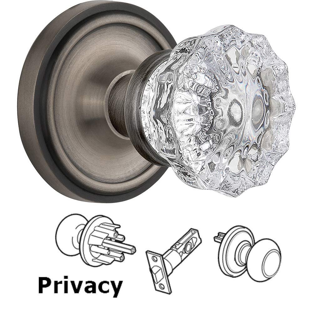 Privacy Knob - Classic Rose with Crystal Door Knob in Antique Pewter