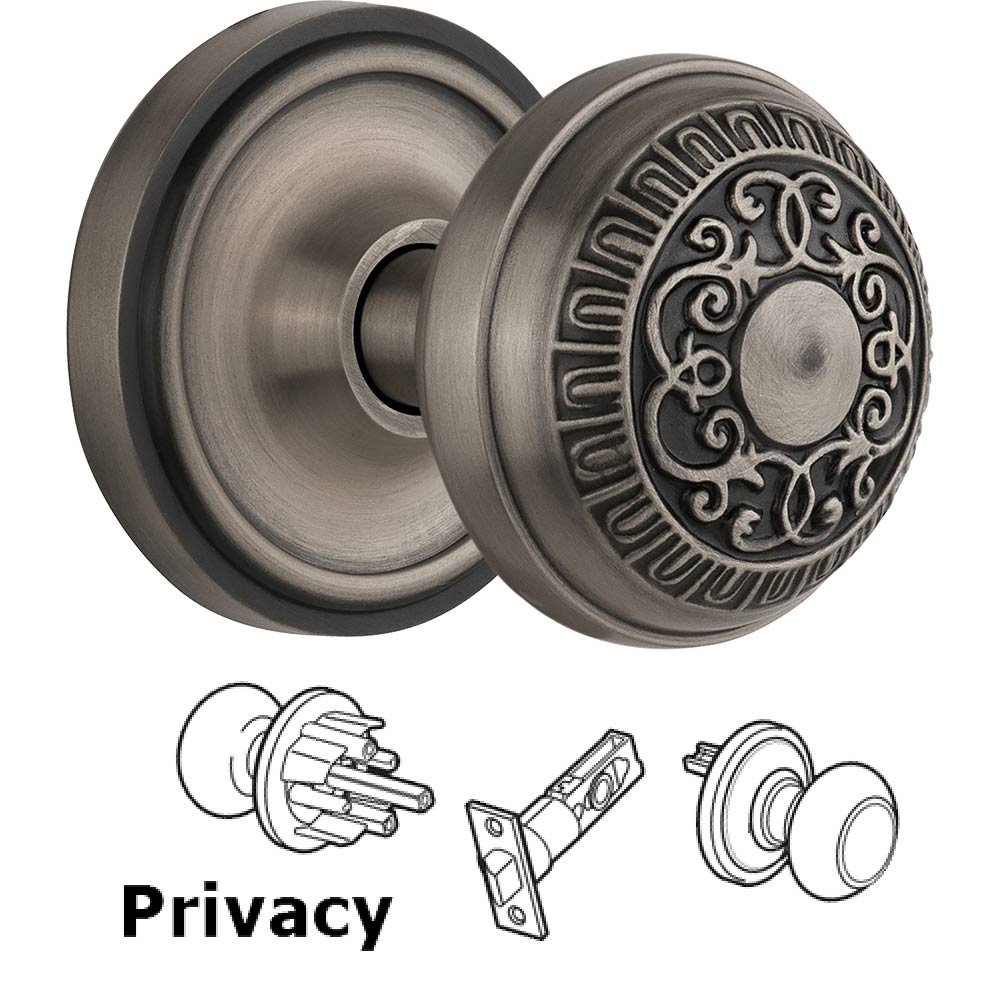 Privacy Knob - Classic Rosette with Egg & Dart Door Knob in Antique Pewter