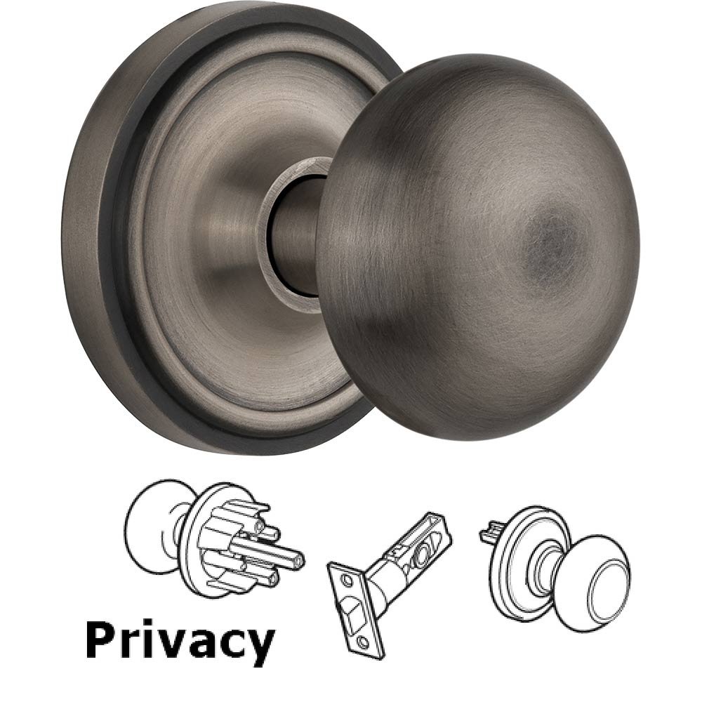 Privacy Knob - Classic Rose with New York Door Knob in Antique Pewter
