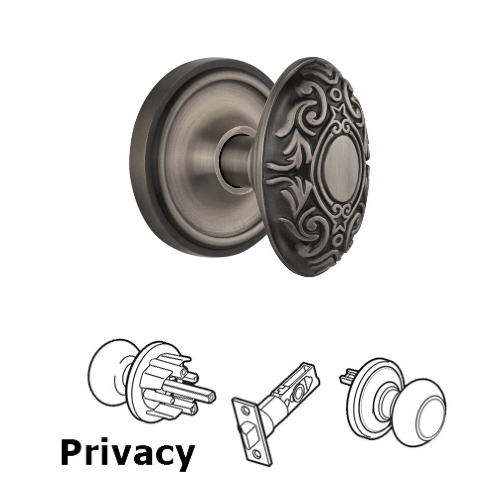 Complete Privacy Set Without Keyhole - Classic Rosette with Victorian Knob in Antique Pewter