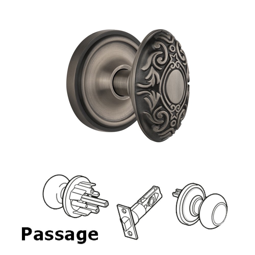 Complete Passage Set Without Keyhole - Classic Rosette with Victorian Knob in Antique Pewter