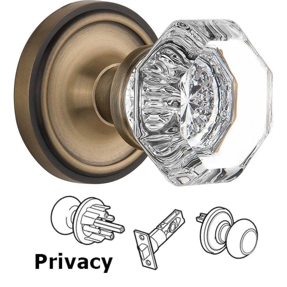Privacy Knob - Classic Rosette with Waldorf Crystal Door Knob in Antique Brass