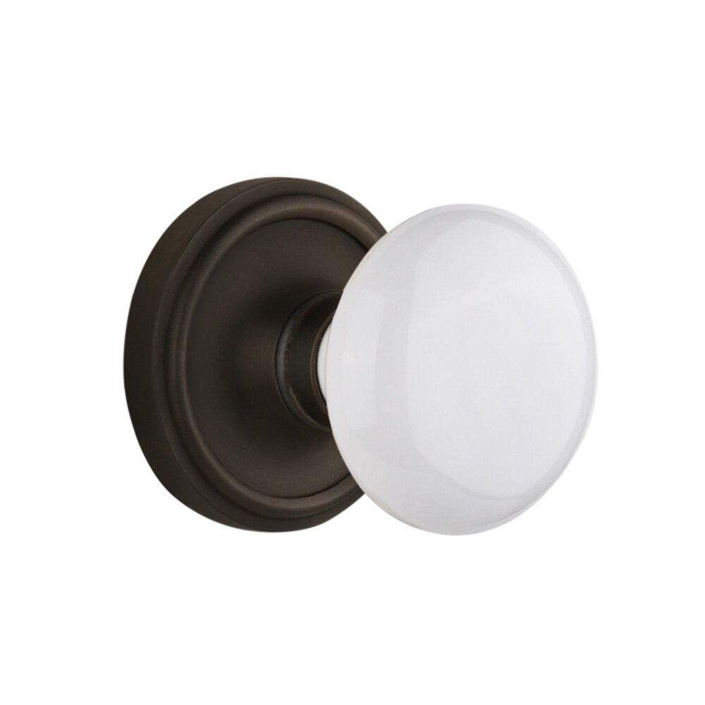 Complete Privacy Set Without Keyhole - Classic Rosette with White Porcelain Knob in Oil Rubbed Bronze