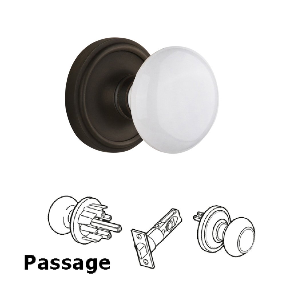 Complete Passage Set Without Keyhole - Classic Rosette with White Porcelain Knob in Oil Rubbed Bronze