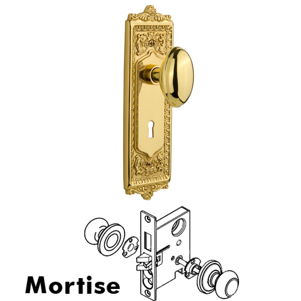 Complete Mortise Lockset - Egg & Dart Plate with Homestead Knob in Polished Brass