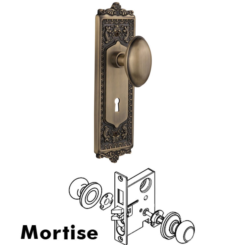 Complete Mortise Lockset - Egg & Dart Plate with Homestead Knob in Antique Brass