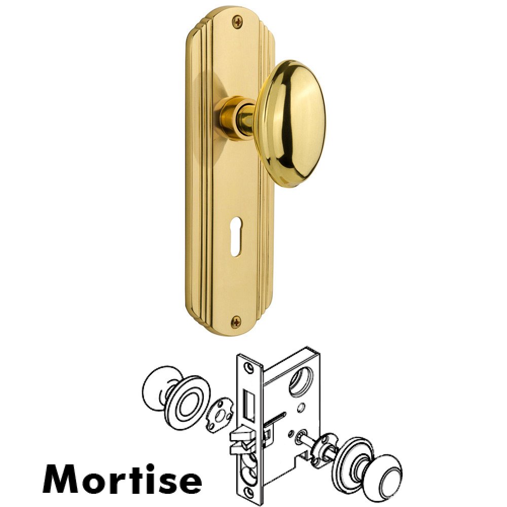 Complete Mortise Lockset - Deco Plate with Homestead Knob in Polished Brass
