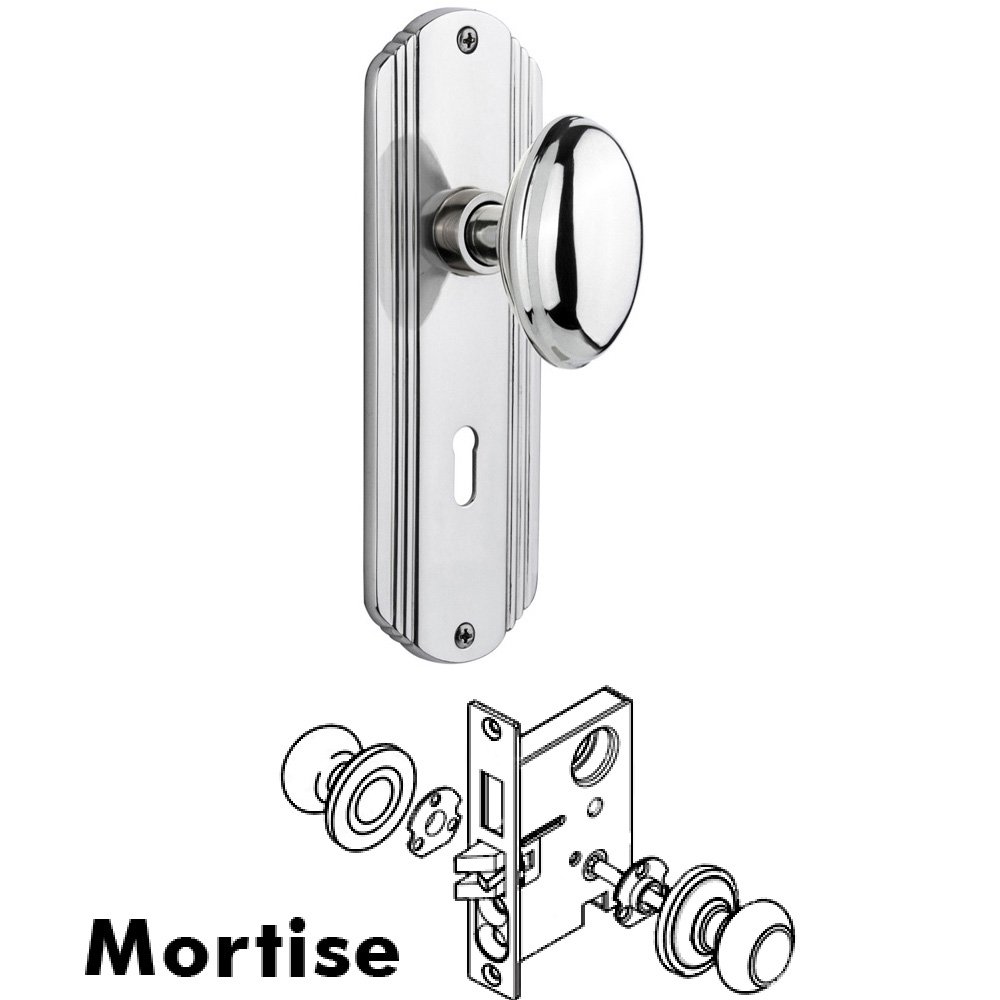 Complete Mortise Lockset - Deco Plate with Homestead Knob in Bright Chrome