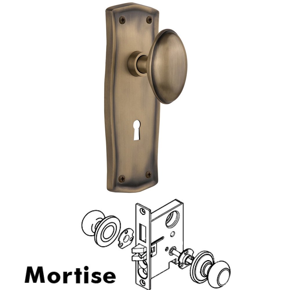 Complete Mortise Lockset - Prairie Plate with Homestead Knob in Antique Brass