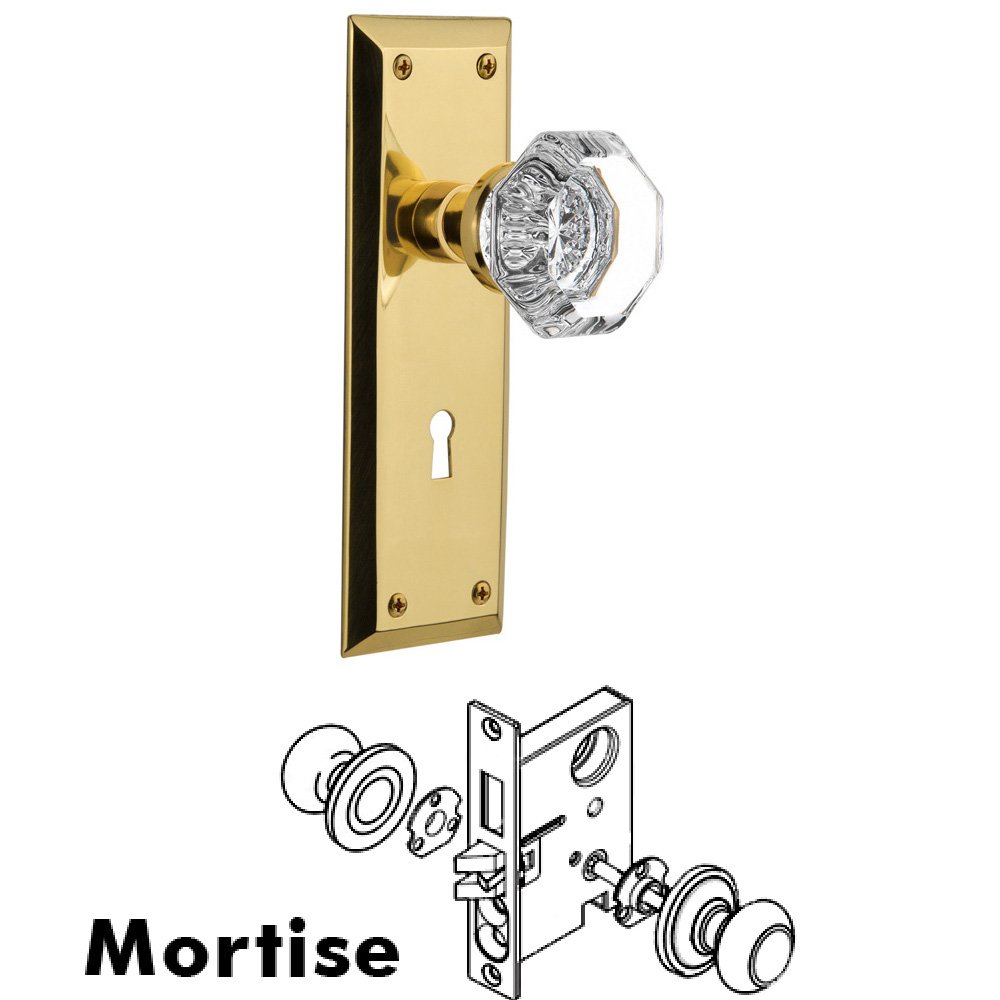 Complete Mortise Lockset - New York Plate with Waldorf Knob in Polished Brass