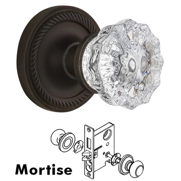 Mortise Knob - Rope Rose with Crystal Door Knob in Oil Rubbed Bronze
