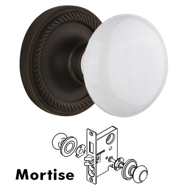 Complete Mortise Lockset with Keyhole - Rope Rosette with White Porcelain Door Knob in Oil Rubbed Bronze