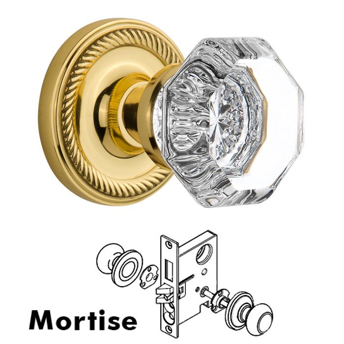 Mortise Knob - Rope Rose with Waldorf Crystal Door Knob in Polished Brass
