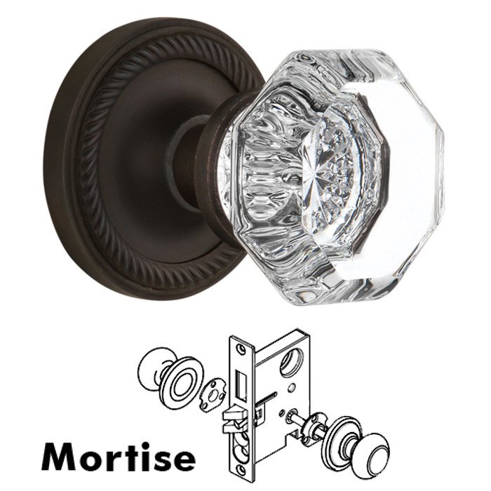 Mortise Knob - Rope Rose with Waldorf Crystal Door Knob in Oil Rubbed Bronze
