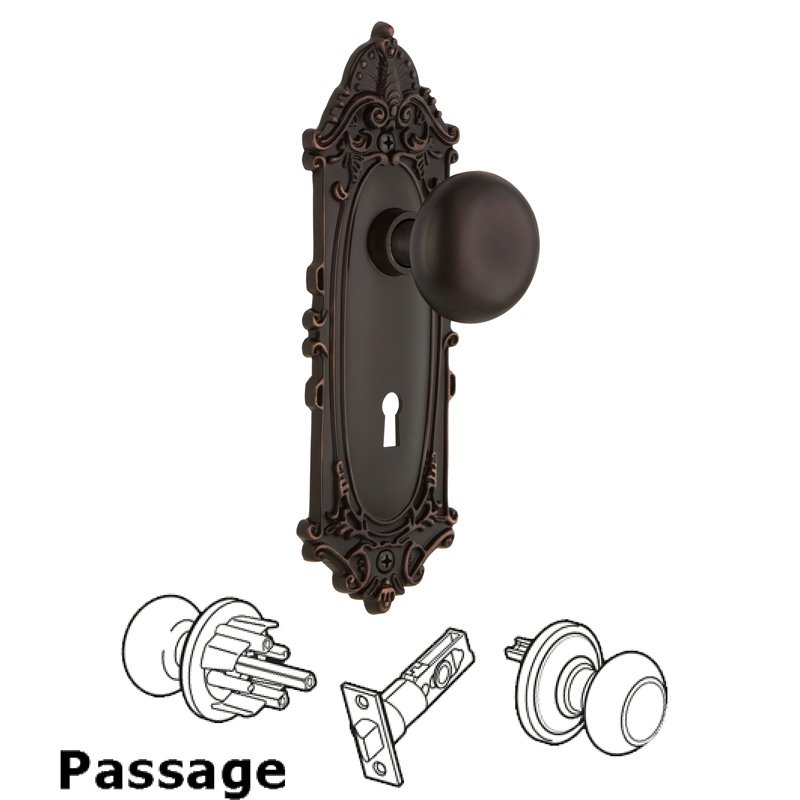 Complete Passage Set with Keyhole - Victorian Plate with New York Door Knobs in Timeless Bronze