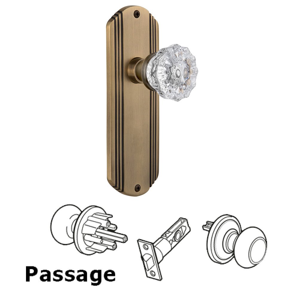 Complete Passage Set Without Keyhole - Deco Plate with Crystal Knob in Antique Brass