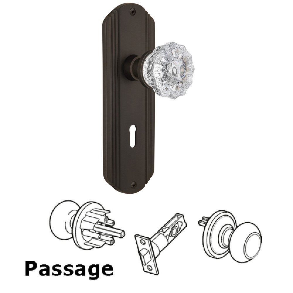 Complete Passage Set With Keyhole - Deco Plate with Crystal Knob in Oil Rubbed Bronze