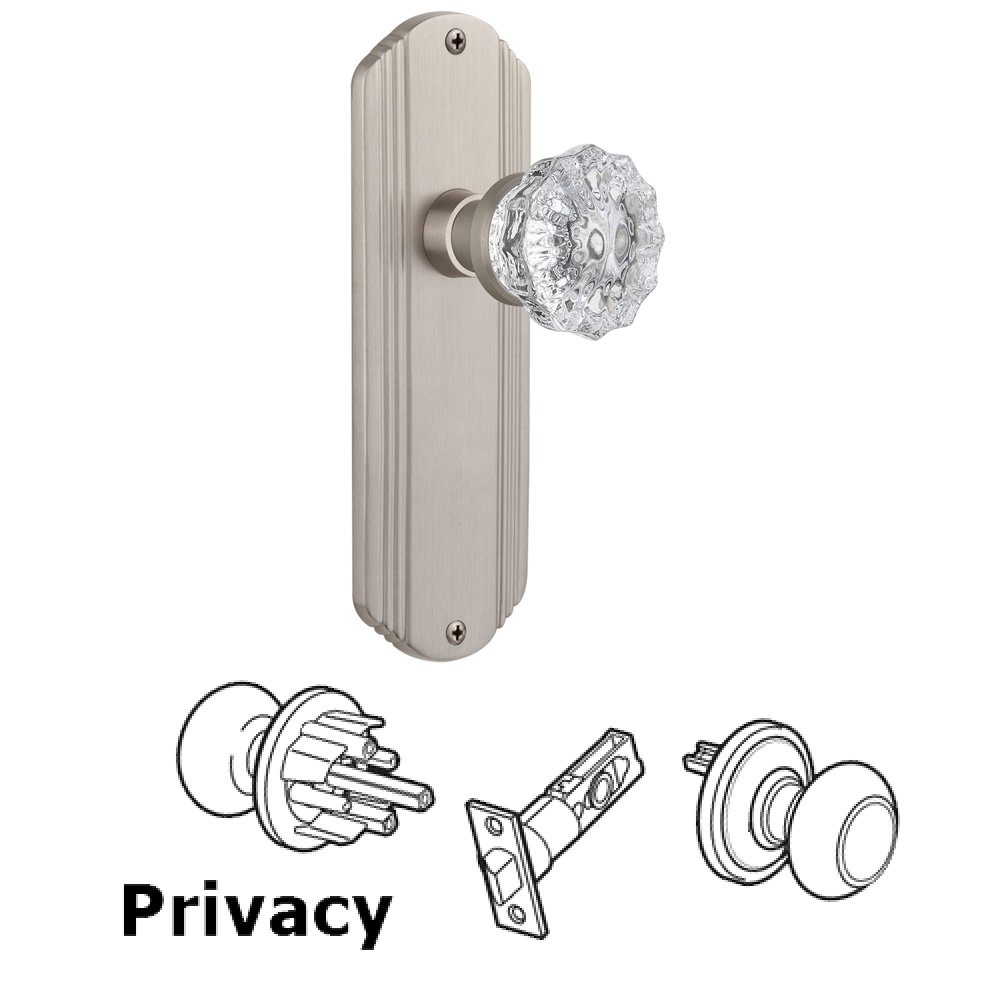 Complete Privacy Set Without Keyhole - Deco Plate with Crystal Knob in Satin Nickel