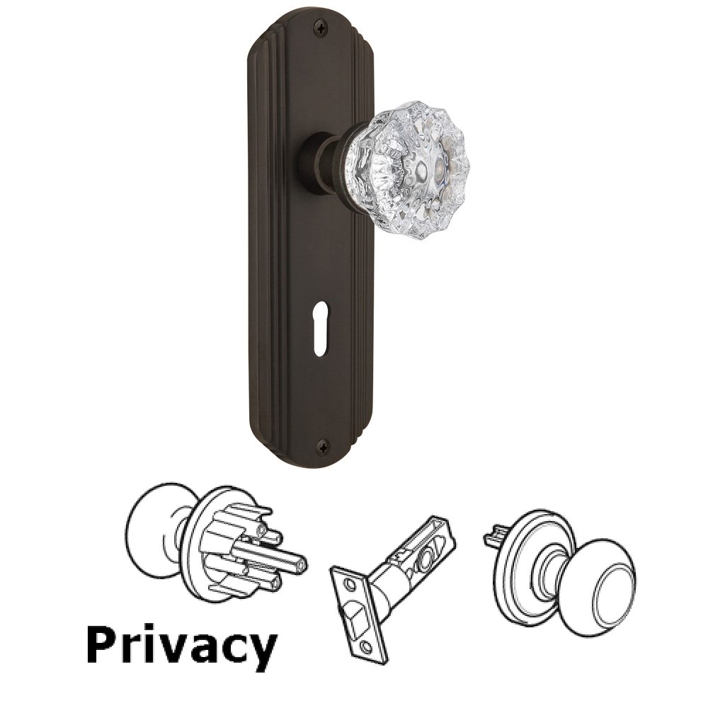 Complete Privacy Set With Keyhole - Deco Plate with Crystal Knob in Oil Rubbed Bronze