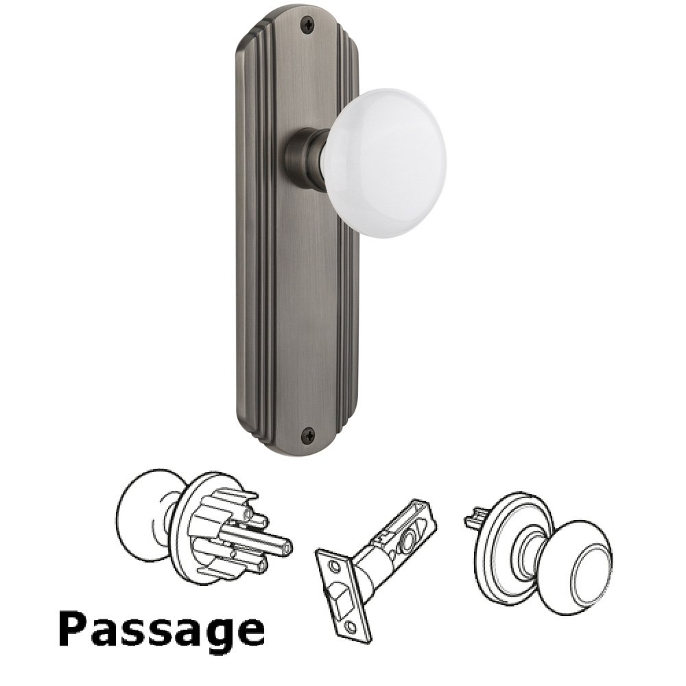 Complete Passage Set Without Keyhole - Deco Plate with White Porcelain Knob in Antique Pewter