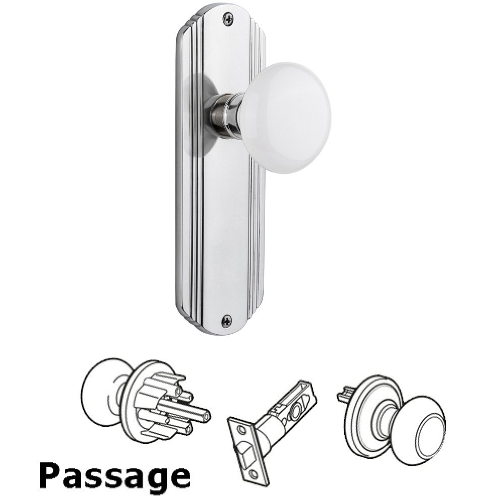 Complete Passage Set Without Keyhole - Deco Plate with White Porcelain Knob in Bright Chrome