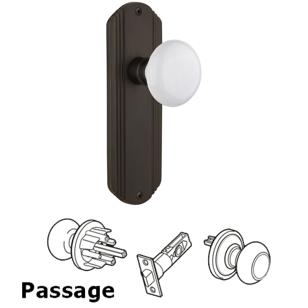 Complete Passage Set Without Keyhole - Deco Plate with White Porcelain Knob in Oil Rubbed Bronze