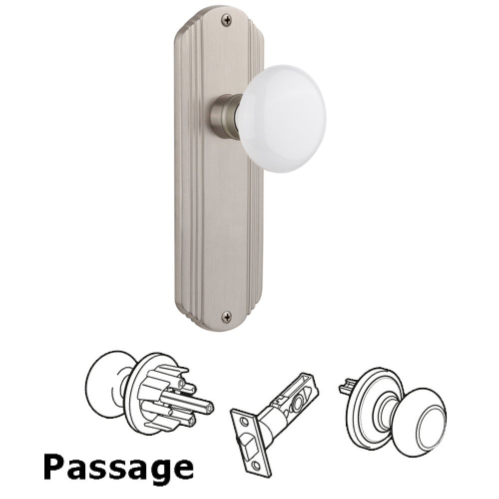 Complete Passage Set Without Keyhole - Deco Plate with White Porcelain Knob in Satin Nickel