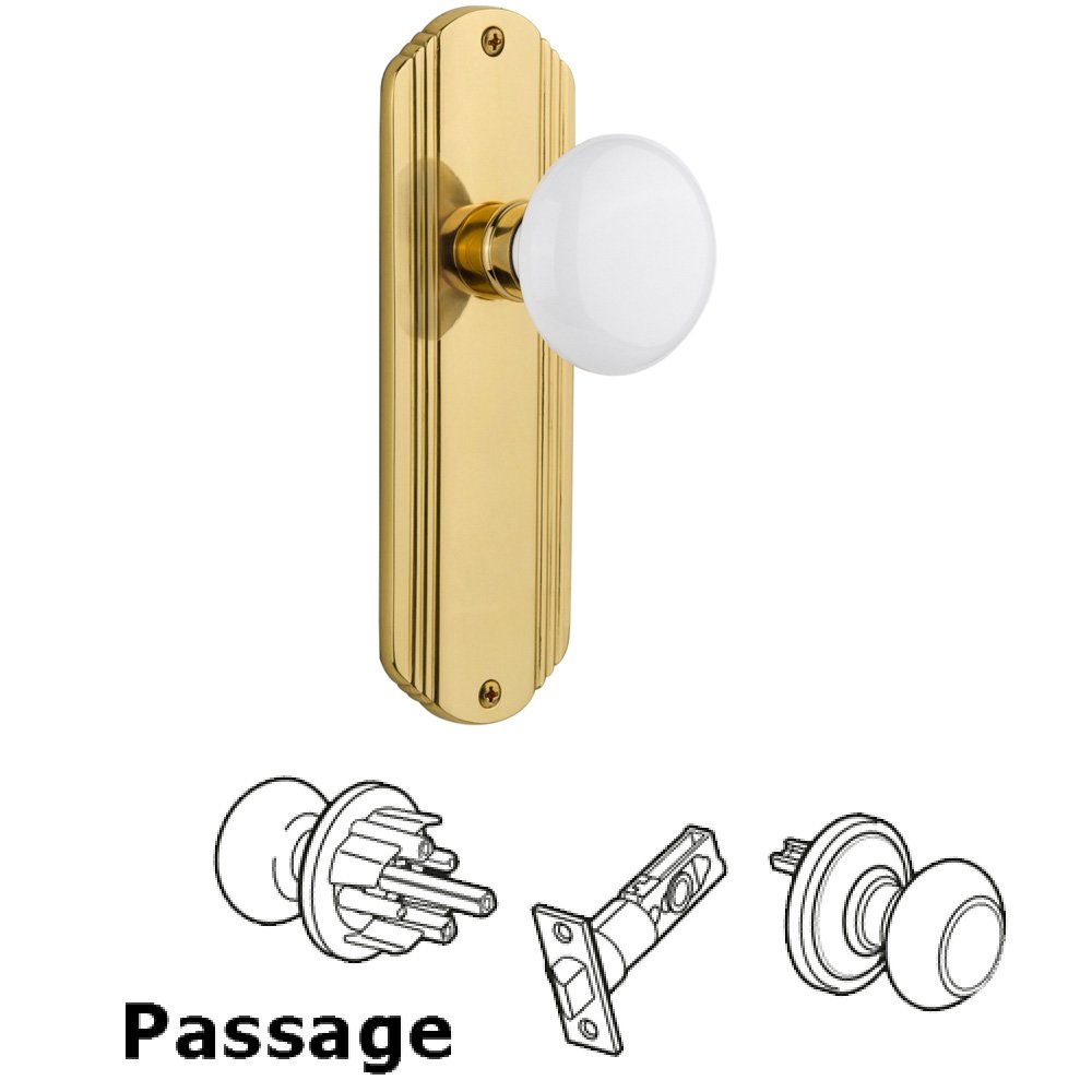 Complete Passage Set Without Keyhole - Deco Plate with White Porcelain Knob in Unlacquered Brass