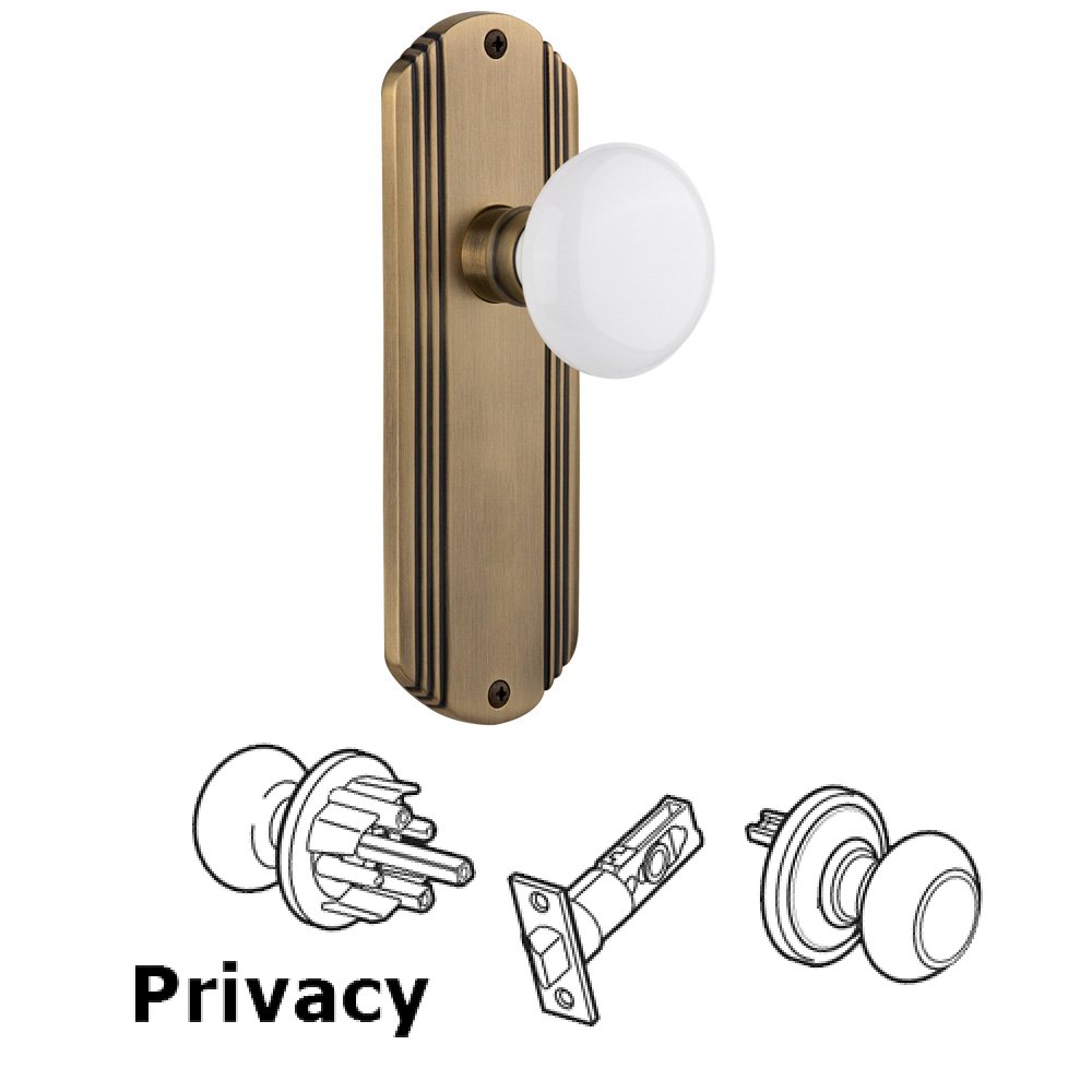 Complete Privacy Set Without Keyhole - Deco Plate with White Porcelain Knob in Antique Brass